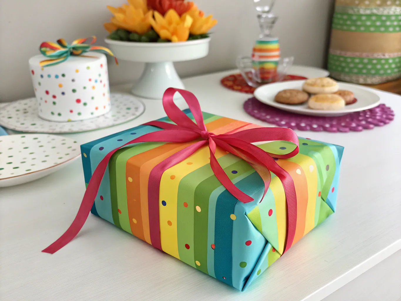 Colorful birthday gift with vibrant ribbons