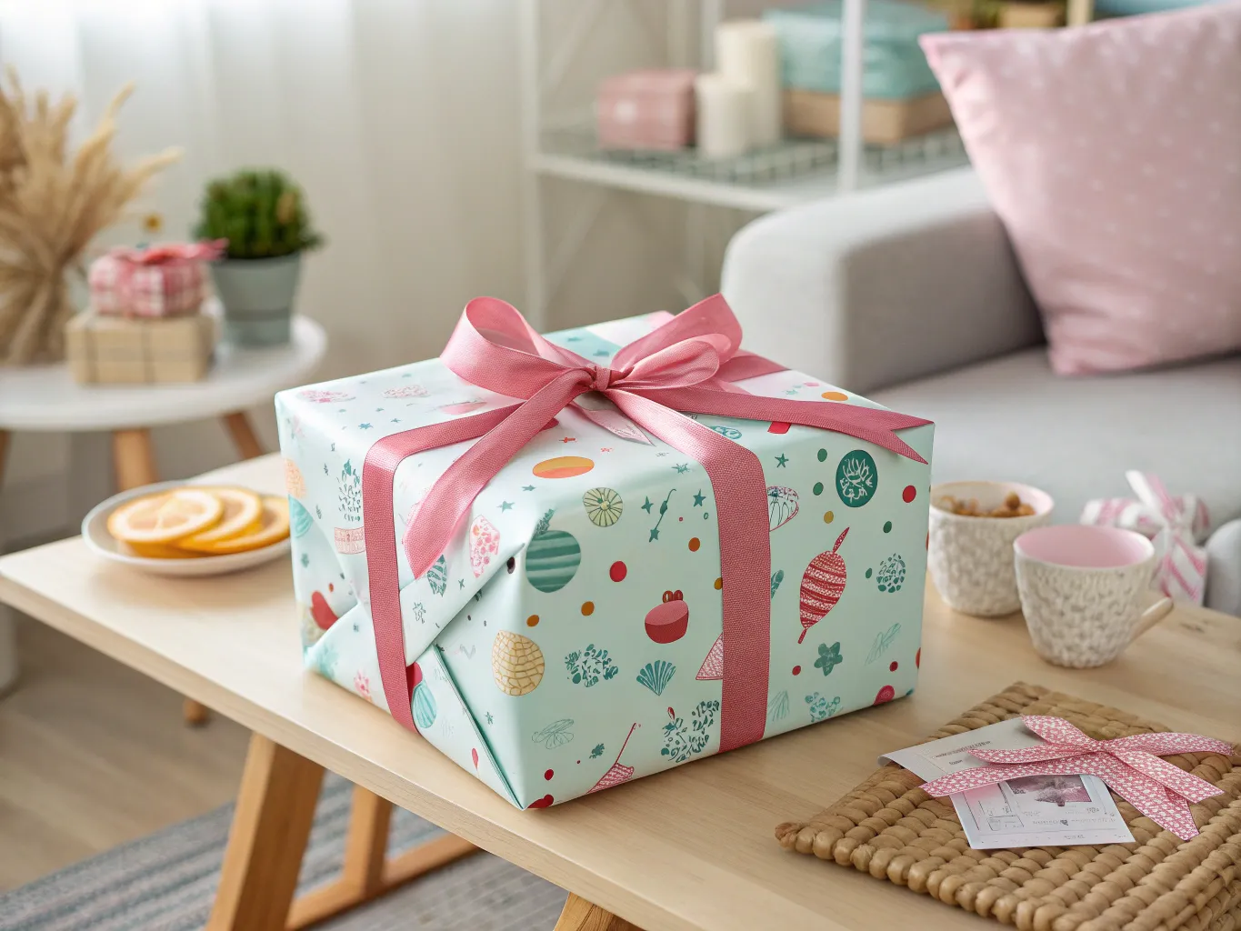 Playful wrapped gift with decorative elements