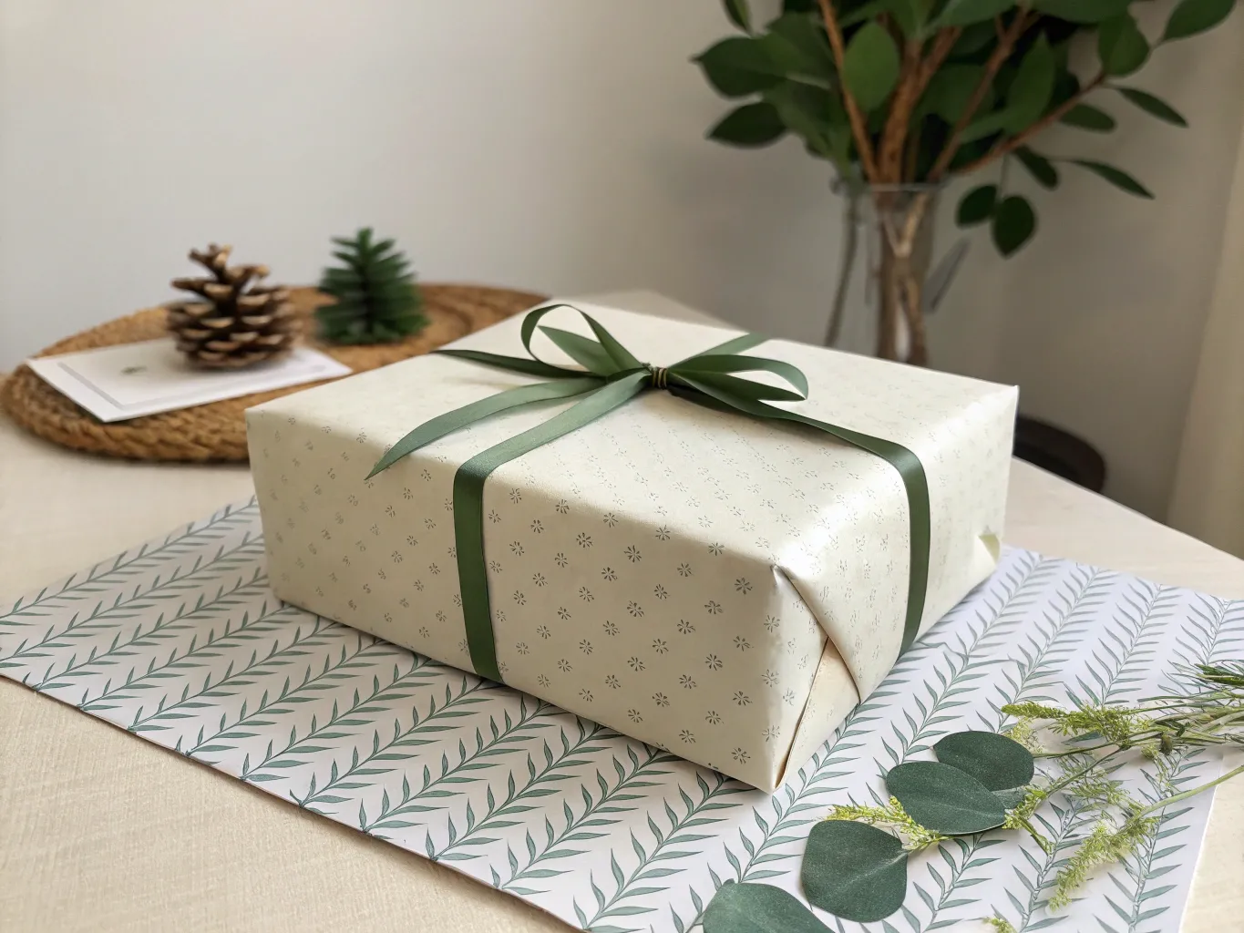 Basic gift wrapping example with standard paper and ribbon
