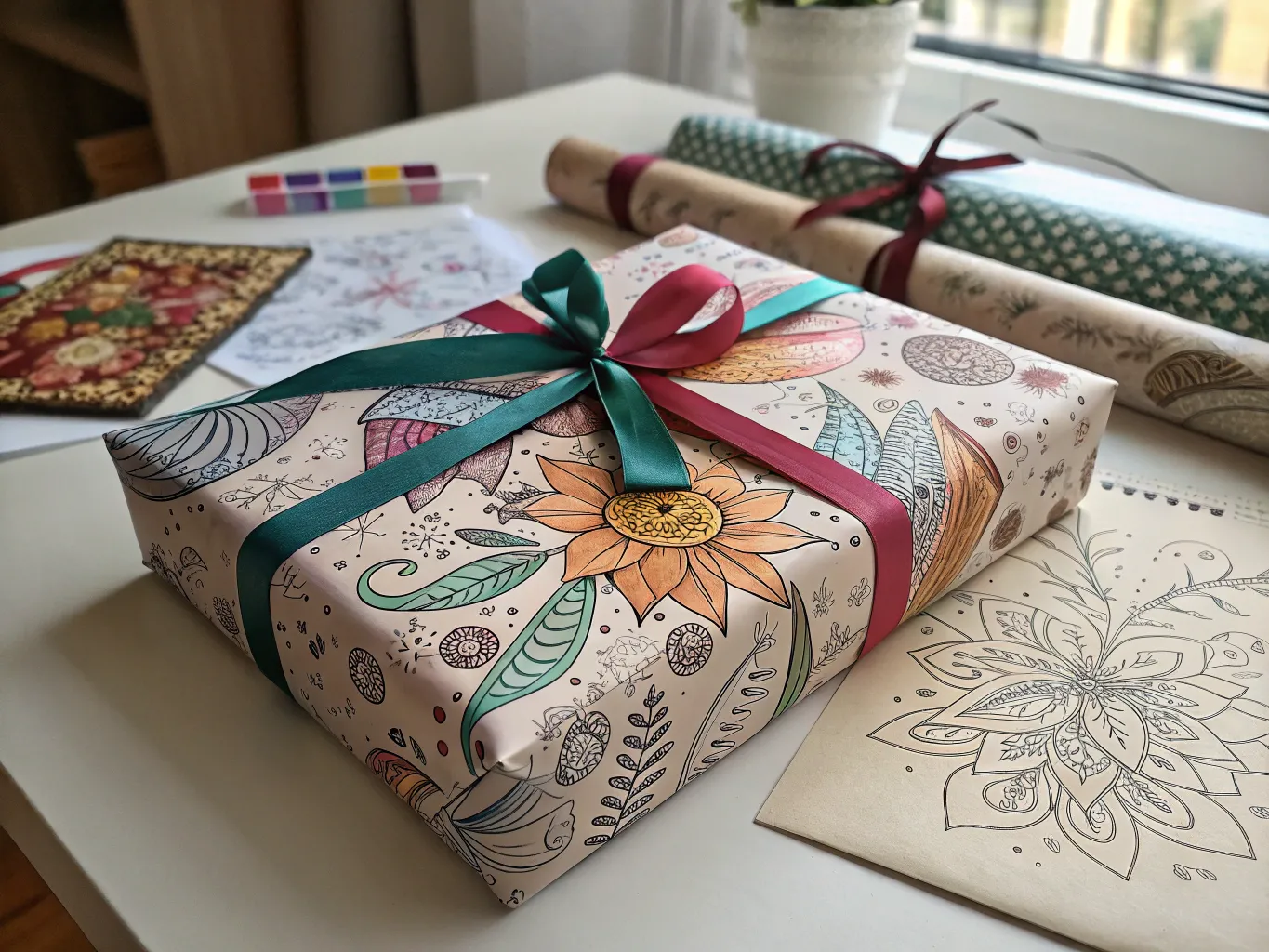 Custom artistic gift wrapping design with unique decorative elements